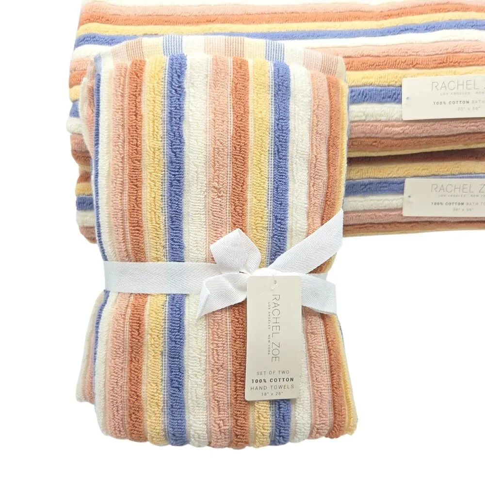 Rachel Zoe 4pc Cotton Bath Hand Towel Set Earthy Neutral Color Stripe Boho Fall